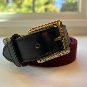 Cole Haan burgundy cloth and black leather men’s belt brass buckle size 36